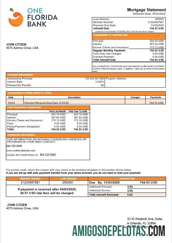 Extrato de hipoteca do USA One Florida Bank em formatos Word e PDF exemplo real